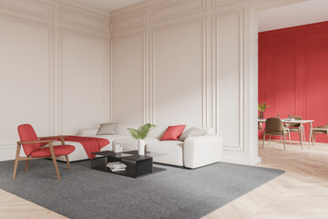 Classical home living room interior with eating table and couch, decoration