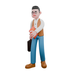 3D Male Anthropologist Character. A male anthropologist is standing while hugging a red-covered book and carrying a work briefcase. Cultural Professional