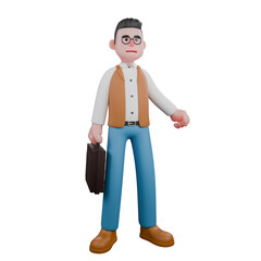 Male Museum Curator Anthropologist 3D. A male anthropologist is standing while carrying a work suitcase. Professional Illustration