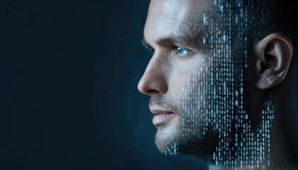 Digital representation of a human face covered in binary code, symbolizing artificial intelligence and data processing