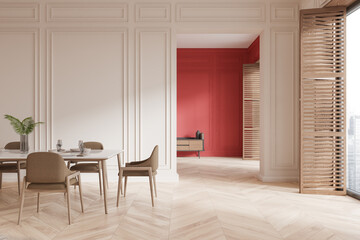 Modern dining room interior with red accent wall and wooden elements. 3D Rendering