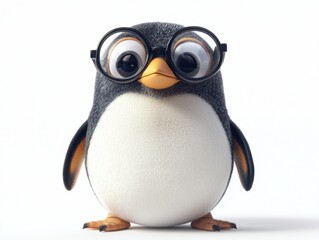 Obraz premium A cute, cartoonish penguin wearing glasses, with large eyes and a round body, standing against a minimalist background.