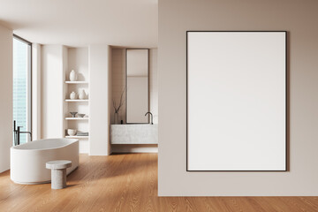 Fototapeta premium Stylish home bathroom interior with tub, sink and window. Mockup frame