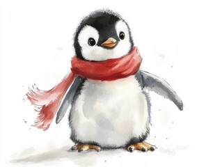A cute, young penguin wearing a red scarf stands cheerfully, embodying the charm of winter and playful spirit.