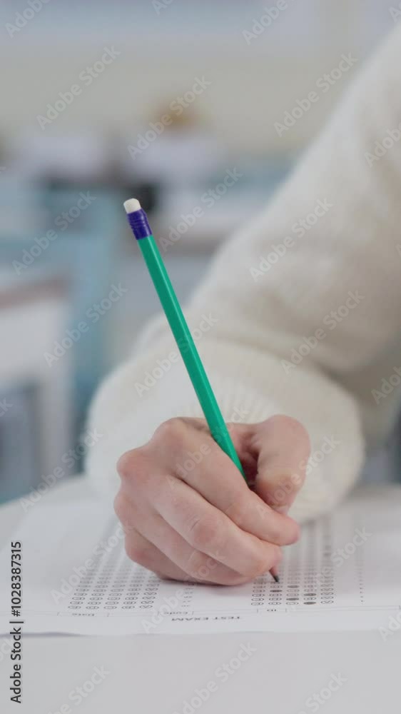 Poster hands, writing and student with test in classroom at school for scholarship admission question paper