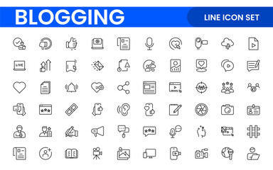Blogging banner with icons. Post, social media, community, content, website, sharing, create, opinion. Business concept. Web vector infographic in outline icon style.