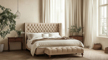 Fototapeta premium Scandinavian bedroom with neutral colors and minimalist design