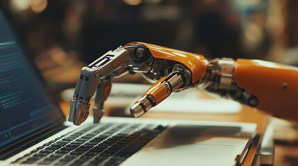Robot hands point to laptop button advisor chatbot robotic artificial intelligence Concept of harmonious coexistence of humans and AI technology and involution