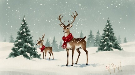 Two charming reindeer wearing red scarves in snowy landscape with pine trees and falling snow