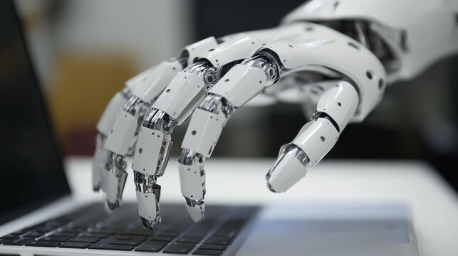 Robot hands point to laptop button advisor chatbot robotic artificial intelligence Concept of harmonious coexistence of humans and AI technology and involution