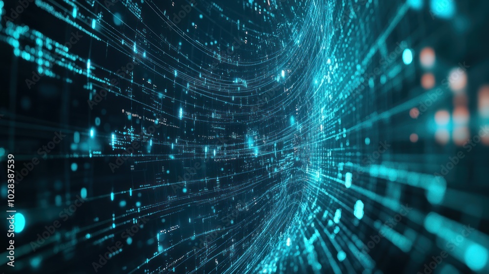 Poster abstract digital visualization of data streams and connections in a futuristic environment.