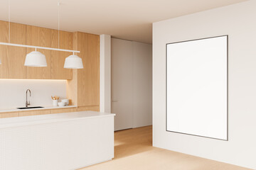 Stylish home kitchen interior with cabinet and bar island. Mockup poster