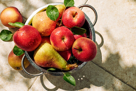 Apples and pears in colanders on sunny day