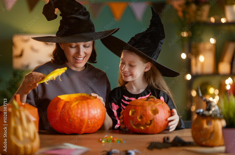 Poster Happy family preparing for Halloween.