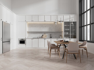 Light home kitchen interior with cooking cabinet, dining table near window