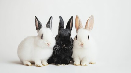 Obraz premium Three adorable baby rabbits, one black, one white with gray markings, and one white with brown markings, sit together on a white background.