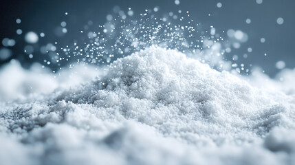 Fine White Powder Scattered in Air, Resembling Flour or Sugar, with Delicate Granules and Ripples, in a Serene Indoor Setting