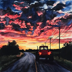 Sonnenuntergang auf dem Landweg