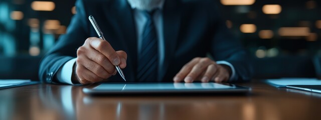 A businessman engages with a tablet in a modern office setting. The close-up shot highlights the interaction, showcasing elegance and professionalism in the workspace.