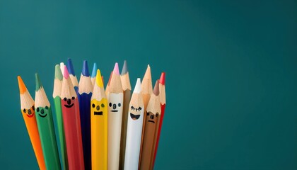 Colorful wooden pencils with expressive faces display various emotions in the copy space image