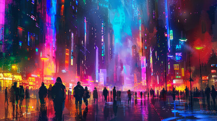 Obraz premium Nighttime Sci-Fi Cityscape: People Walking in Neon-Lit Futuristic Urban Landscape Illustration