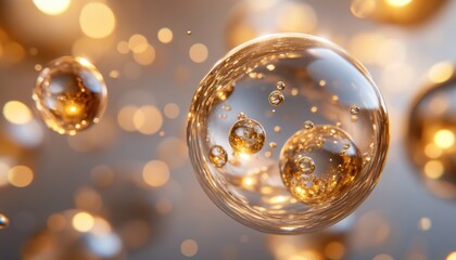Explore the beauty of transparent spheres with golden highlights captured in stunning macro photography, showcasing intricate details and elegant bokeh effects.