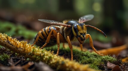 A close-up of a yellow jacket wasp on moss and dead leaves in a forest.