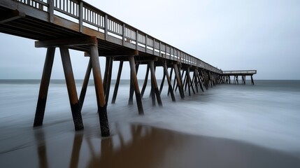 Wooden pier extending over ocean with long exposure showing smooth water surface and blurred waves...