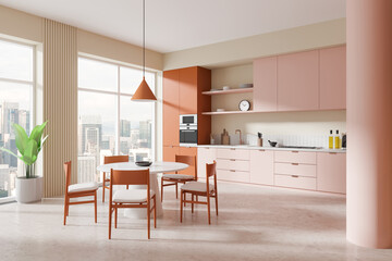 Modern kitchen interior with elegant design and city view. 3D Rendering