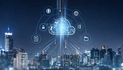 Cloud computing concept over city skyline at night in Bangkok.