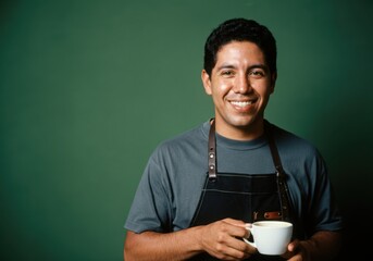 Smiling barista holding coffee cup against green background