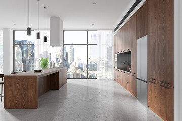 Stylish home kitchen interior with bar counter and cabinet, panoramic window