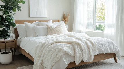 Fototapeta premium The comfortable bed, adorned with plush linens and a cozy throw blanket, invites relaxation.