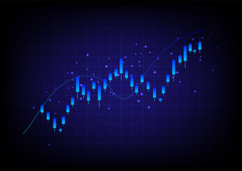 Stock and investment concept. A bar and line graph on a dark blue background. Bullish market, profit of wealth, high risk high return, business growth up.