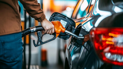 Person filling up a car with gasoline holding the