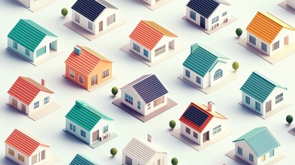Colorful miniature houses with various roof designs and styles on a white isolated background.