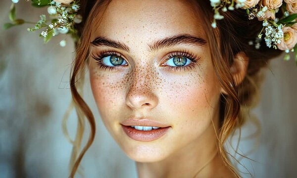 A close-up portrait of a young woman with flowers in her hair.