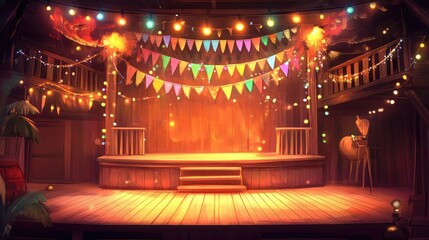 Festive Stage with Colorful Banners and Lights
