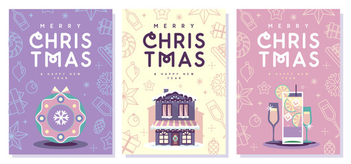 Set of Merry Christmas and Happy New Year greeting cards, covers or posters with holiday attributes. Christmas background. Flat design. Vector illustration