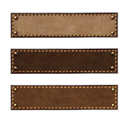 Set of leather belt of brown color. Collection of leather tags with decorative borders and bronze rivets. Isolated on white background