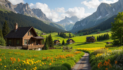 Obraz premium Alpine village in a mountain valley, rocky mountains in the background, serene landscape
