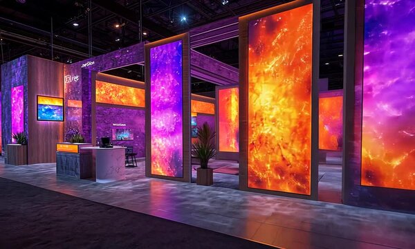 Modern exhibition booth with vibrant illuminated displays.