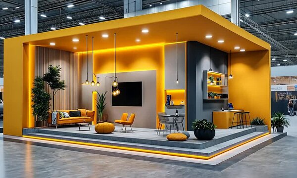 Modern exhibition booth with vibrant orange and gray design elements.