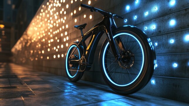 Futuristic electric bicycle with glowing tires parked on a city street at night, illuminated by a wall of lights.