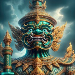 Majestic Thai Guardian: A Hyper-Realistic Mythical Sculpture Depicting a Fierce Turquoise Guardian with Ornate Armor, Intricate Gold Patterns, and a Sacred Mace Under a Dramatic, Overcast Sky