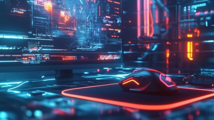 Futuristic gamer setup with glowing mouse and monitor displaying digital data.