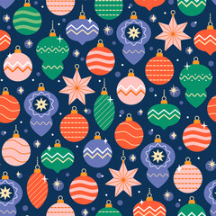 Vector Christmas seamless pattern of different shaped and colorful hanging retro Christmas tree ornaments on navy blue background for wrapping paper, packaging, fabric.