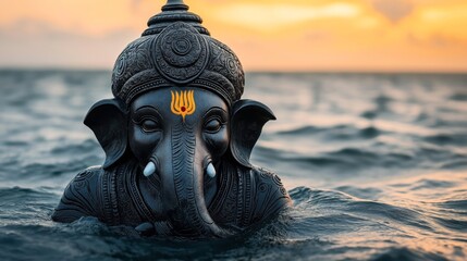 Statue of Ganesha partially submerged in ocean water at sunset, showcasing intricate patterns and a trident symbol on the forehead.