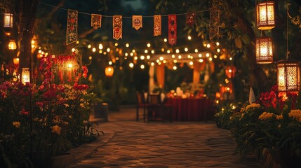 Naklejka premium Enchanting garden pathway with lanterns and flowers