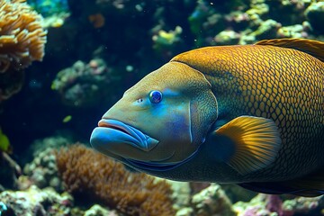 Close-up of a Humphead Wrasse with Vibrant Colors and Intricate Scales.